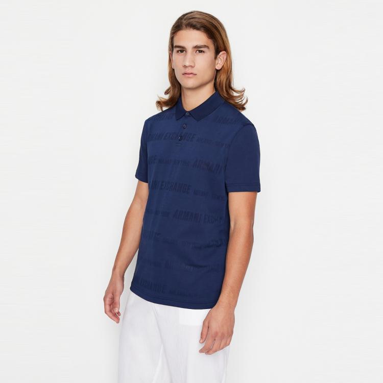 Armani Exchange Ax  阿玛尼满logo镂空男士polo衫 In Blue