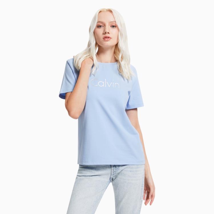 Calvin Klein Ck Jeans 女装基础款简约百搭箔印logo圆领短袖t恤j213769 In Blue