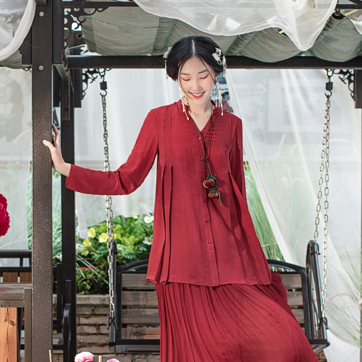 春夏海棠红复古百搭长袖衬衫上衣女不规则衣摆