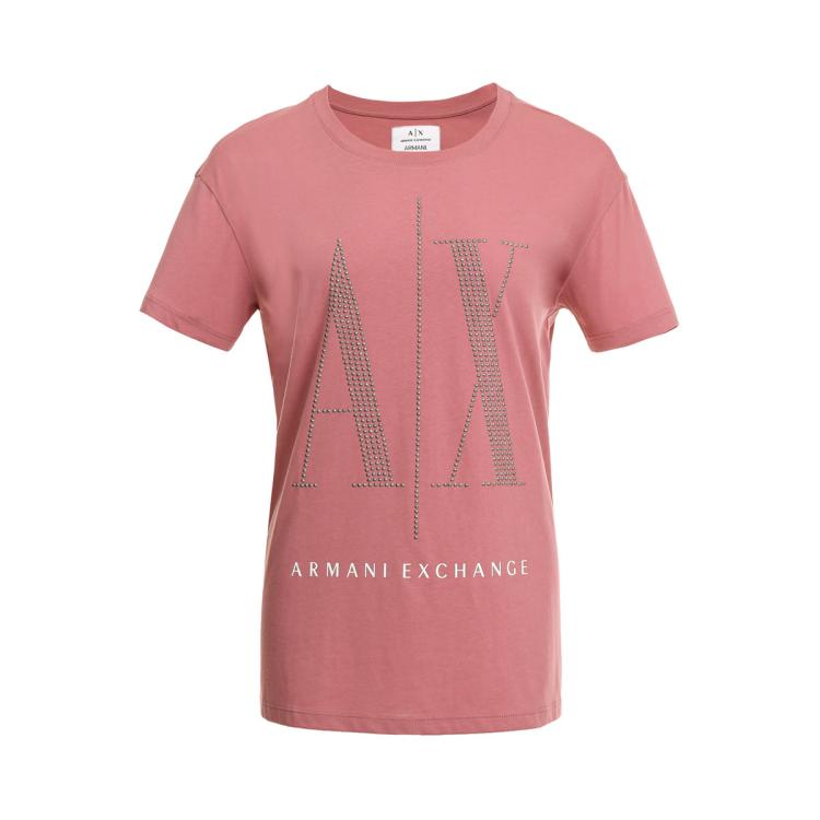 Armani Exchange 女士时髦铆钉印花纯棉圆领短袖t恤 In Pink