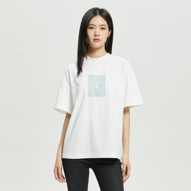 Calvin Klein Ck Jeans夏季女士时尚重叠logo舒适纯棉简约透气短袖t恤j219605 In White