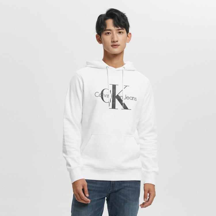 Calvin Klein Ckjeans秋冬男女情侣中性叠印logo纯棉连帽加绒卫衣zm02079 In White