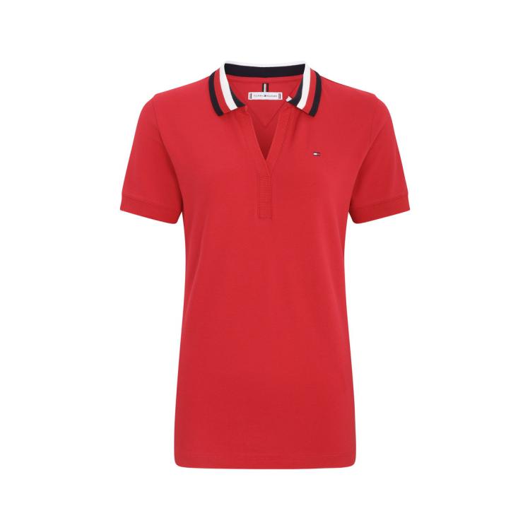 Tommy Hilfiger 女时尚条纹v领珠地棉修身显瘦短袖polo衫33580 In Red