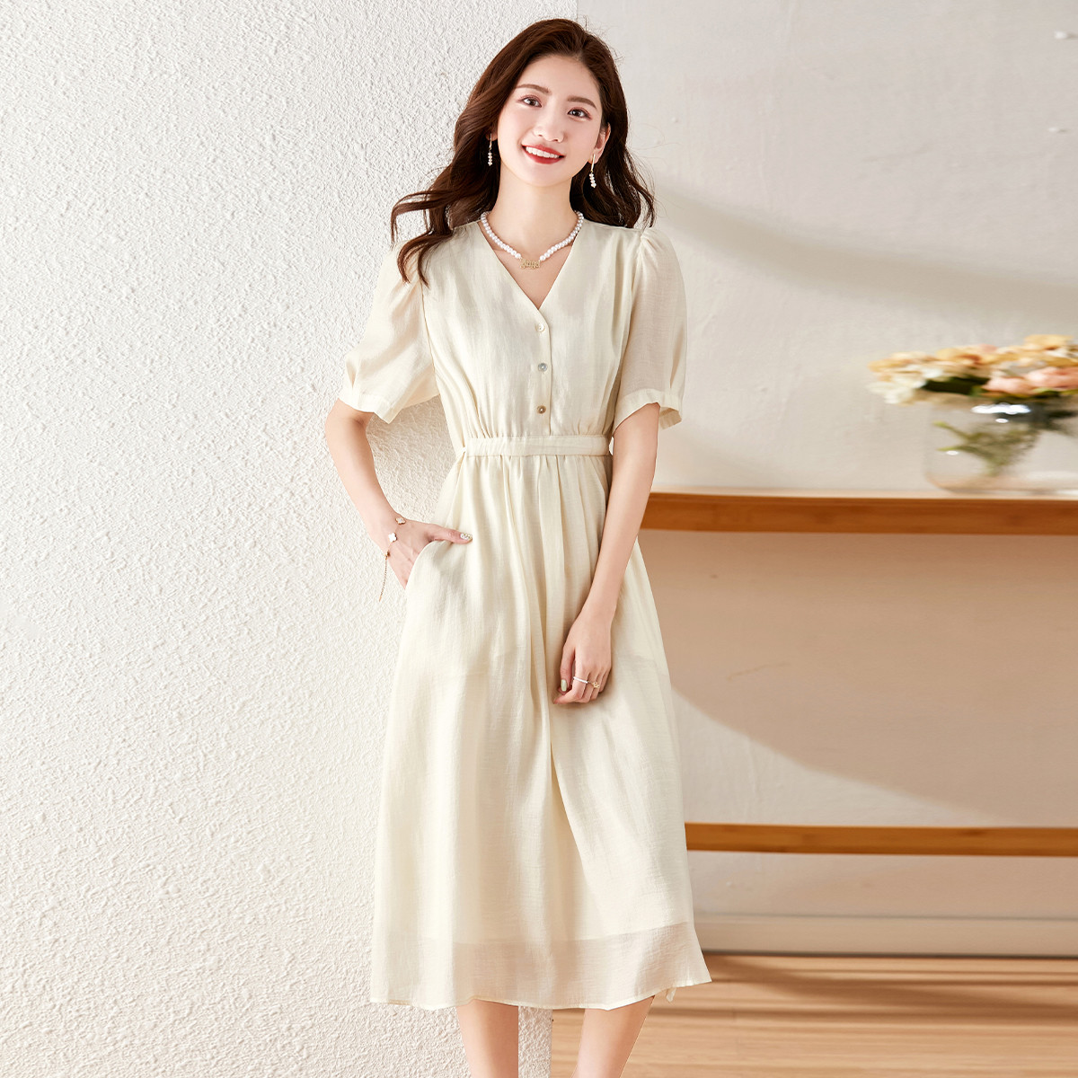 女装夏季气质淑女连衣裙女夏收腰纯色v领中长裙短袖连衣裙