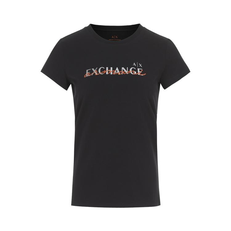 Armani Exchange 女士时尚甜美撞色logo短袖t恤 In Black