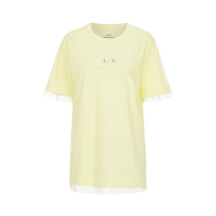 Armani Exchange 女士甜美淑女拼接网纱刺绣logo短袖t恤 In Yellow