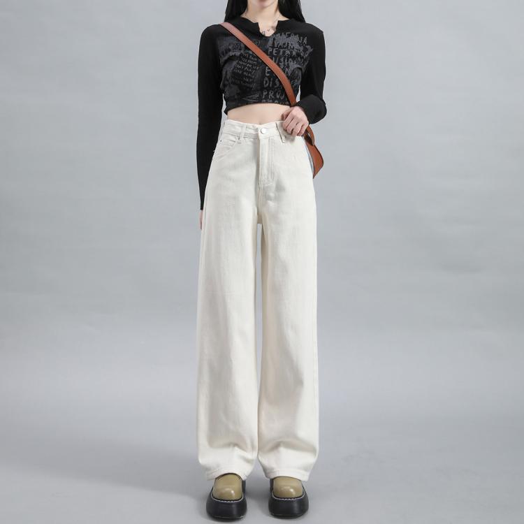 美丽衣橱 纯棉高街牛仔裤女2026春秋直筒百搭宽松休闲阔腿米白色裤子女