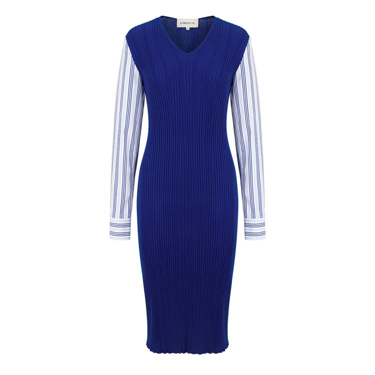 Ports 1961 Pure女装条纹袖拼接针织长袖中长连衣裙 In Blue