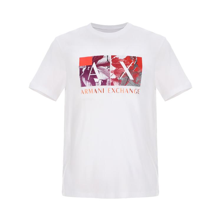 Armani Exchange 男士摩登都市拼色字母短袖t恤 In White