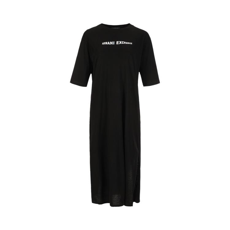 Armani Exchange 【纯棉】女士舒适透气开叉logo圆领t恤式休闲连衣裙 In Black