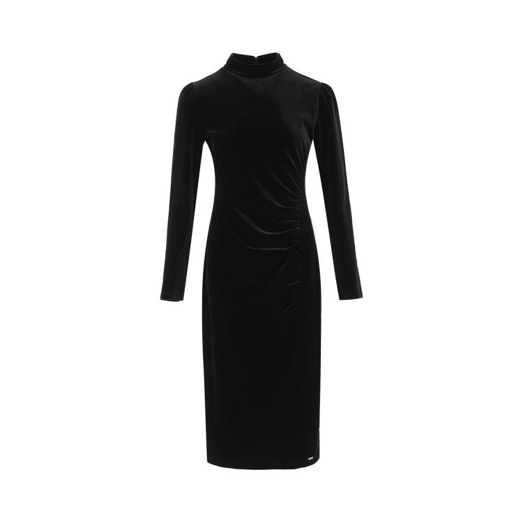 Armani Exchange 女士优雅气质修身丝绒小黑裙长袖连衣裙 In Black
