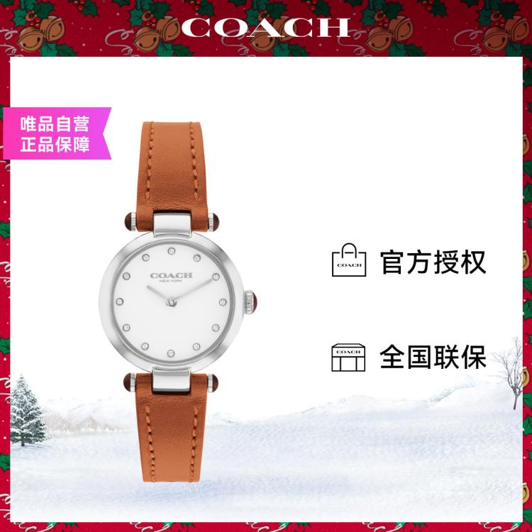 Coach Cary系列镶钻表圈小牛皮表带石英表手表女表 In Brown