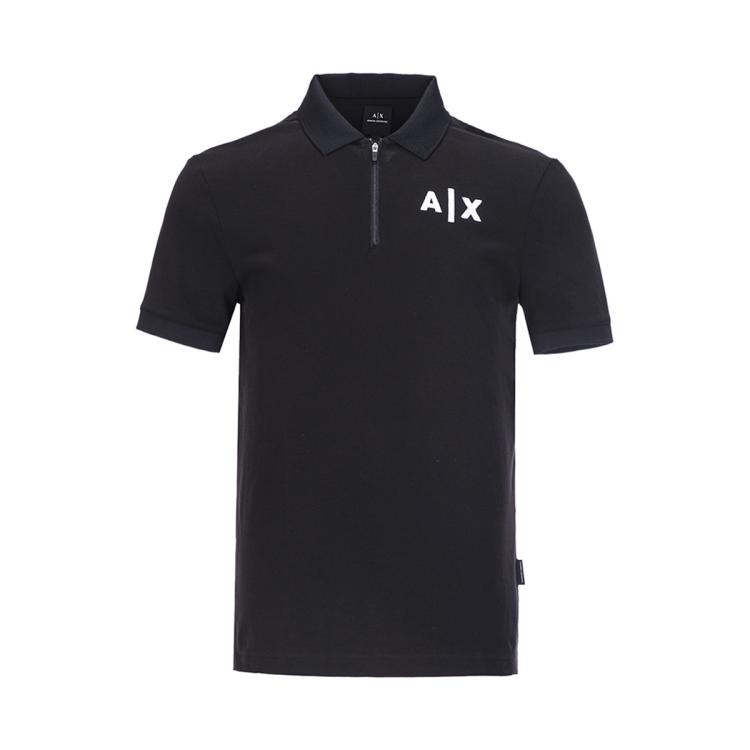 Armani Exchange 男士新潮重工刺绣logo标半拉链透气短袖polo衫 In Black