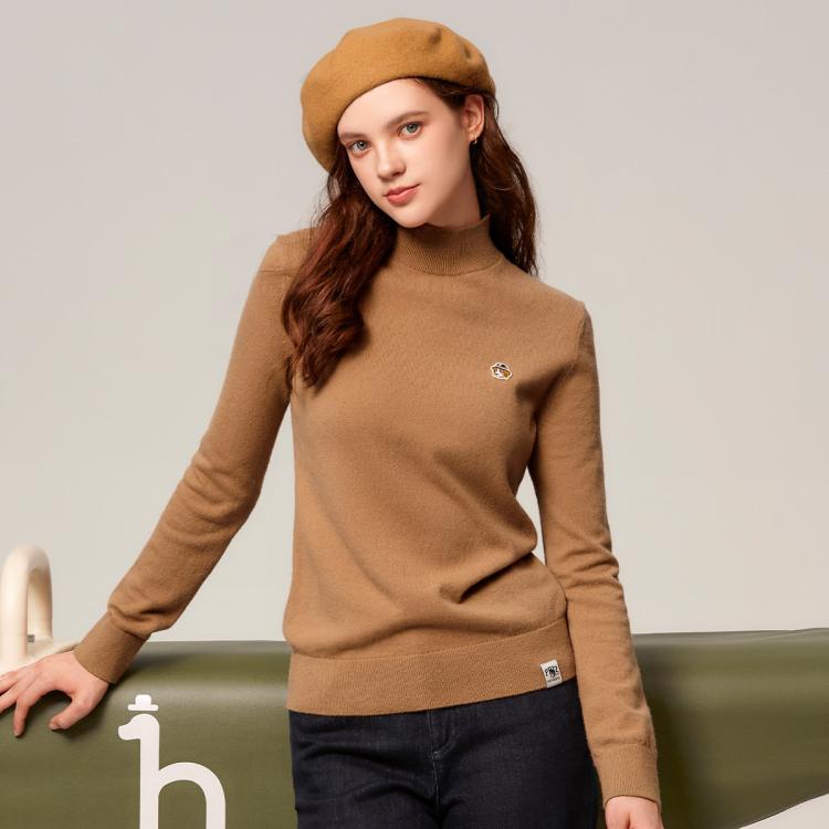 Hazzys Phiz系列 2024秋冬新品哈吉斯女装半高领修身打底羊毛衫 In Brown