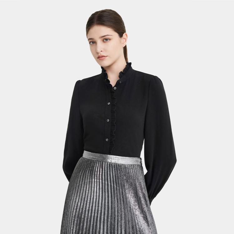 PORTS 1961 PORTS 宝姿女装优雅百搭通勤搭配木耳边时尚长袖纯色衬衫