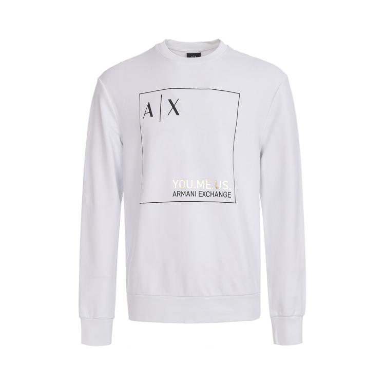 Armani Exchange 【100%棉】男式舒适极简风烫金印花logo套头长袖圆领卫衣 In White