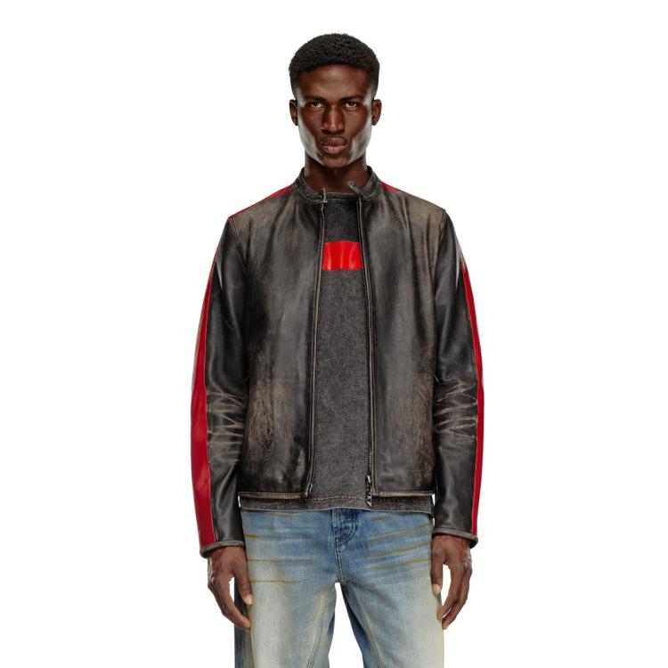 Diesel Giacca In Pelle Con Righe A Contrasto In Black