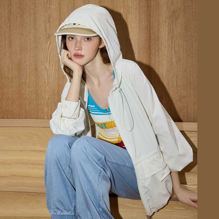 COOLHUT 复古工装短款抽绳宽松连帽春季女式风衣复古外套夹克