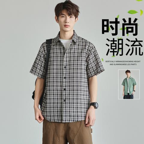 班尼路 夏季时尚经典格纹衬衫短袖男日常简约潮流百搭休闲翻领短袖衬衫男 图片 1