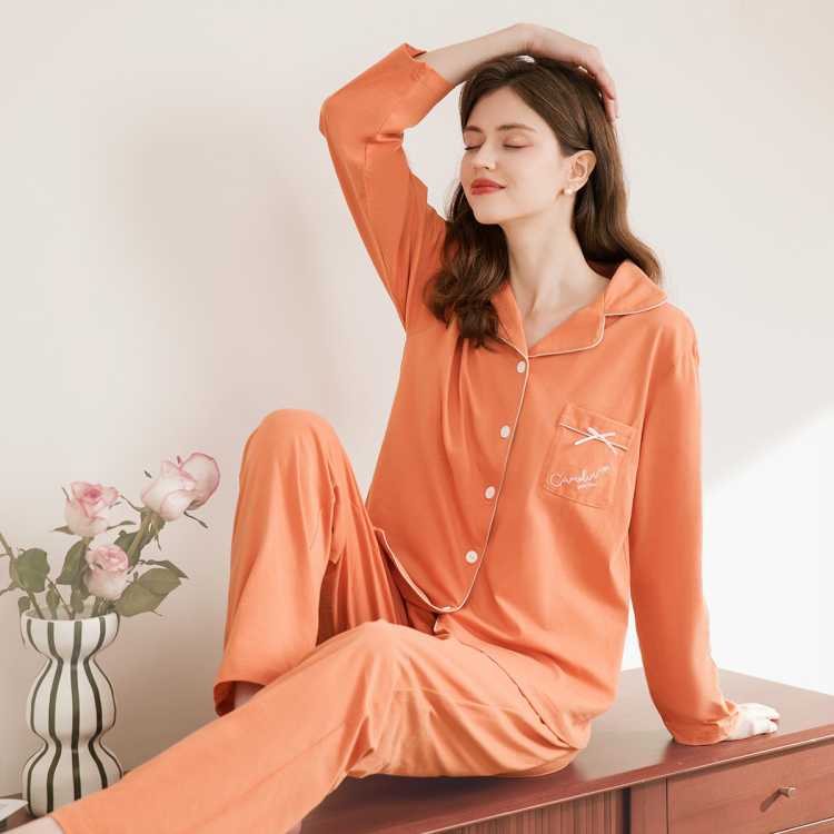 芬腾 【100%纯棉】开衫长袖纯色可外穿女士家居服套装睡衣女