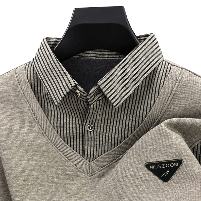 Muszoom 假两件针织衫男士冬季加绒加厚衬衫领男士毛衣休闲打底针织衫上衣 59元