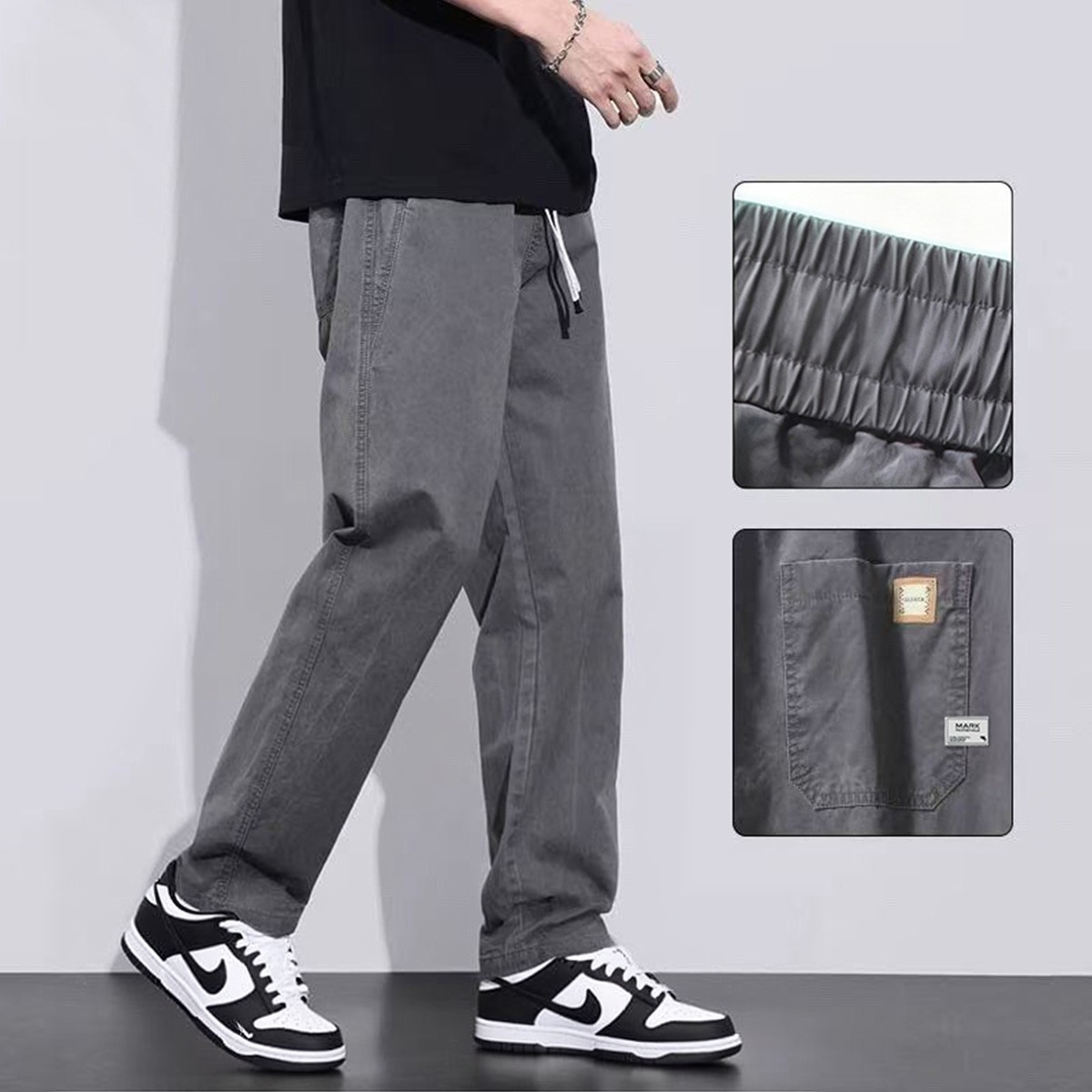 马克华菲 【柔软舒适】时尚纯棉休闲裤男春秋款宽松百搭垂感松紧腰直筒裤男