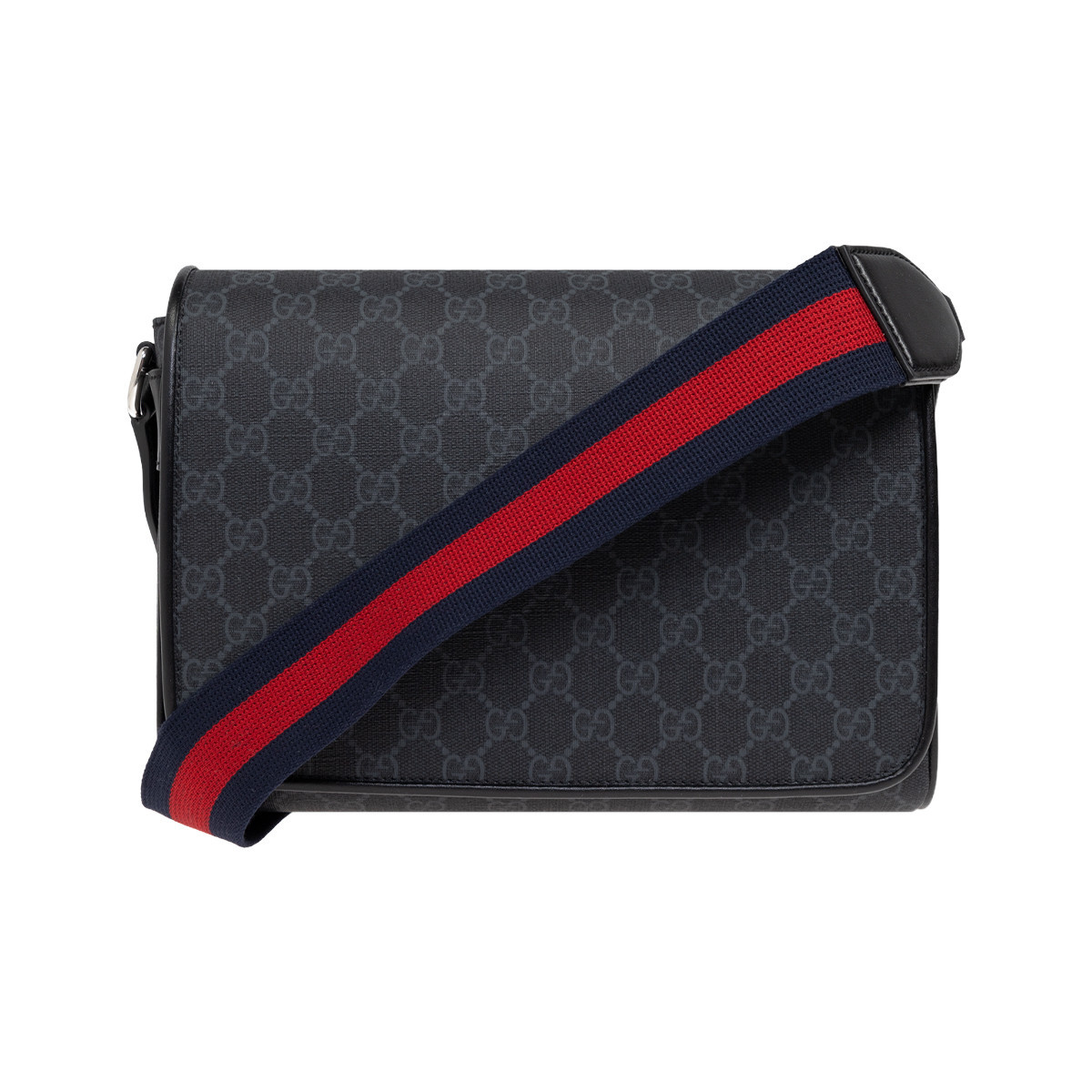 GUCCI GG中号皮革翻盖邮差包男士红蓝织带老花复古斜挎包