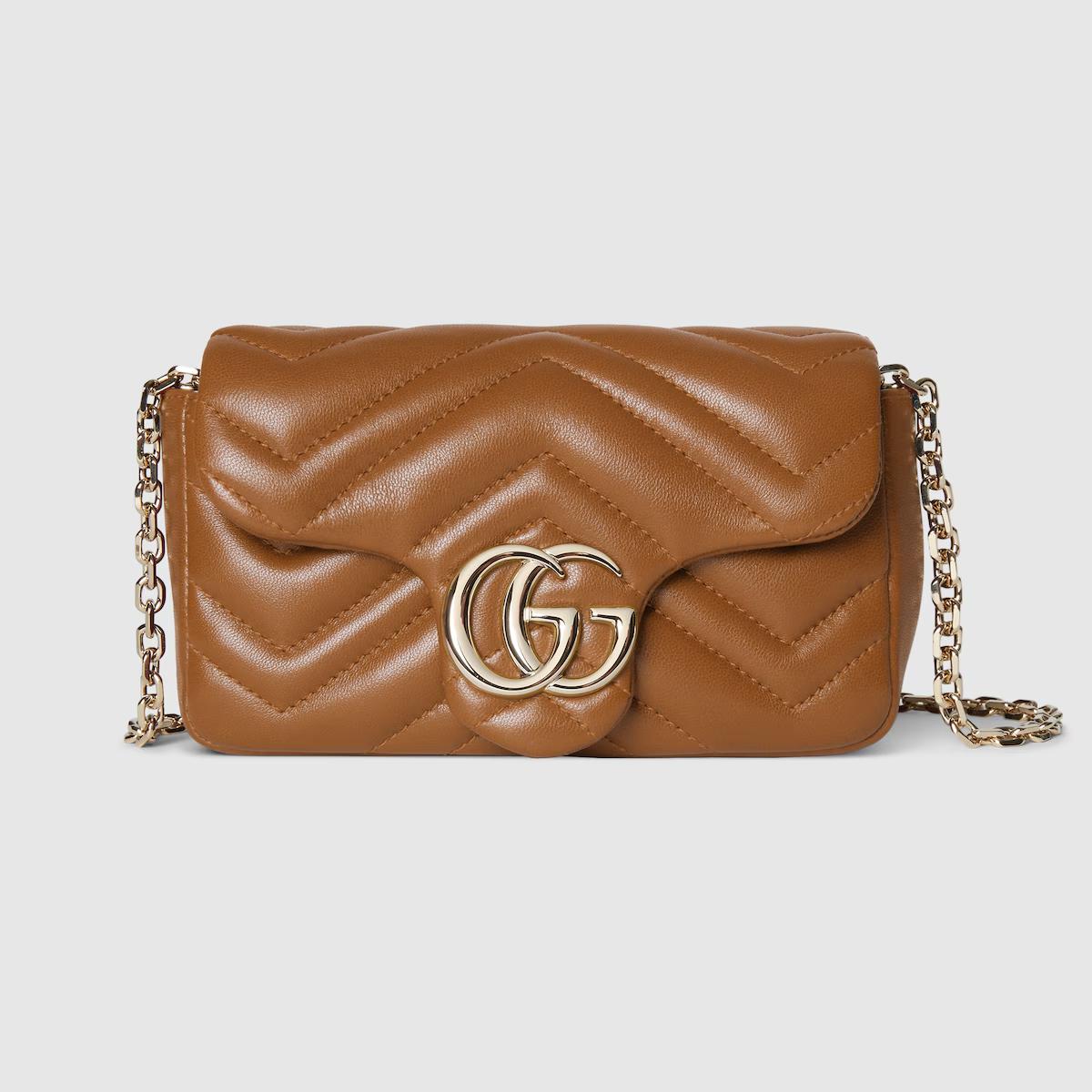 GUCCI GG马蒙系列迷你女士柔软羊皮革经典绗缝人字纹链条单肩包