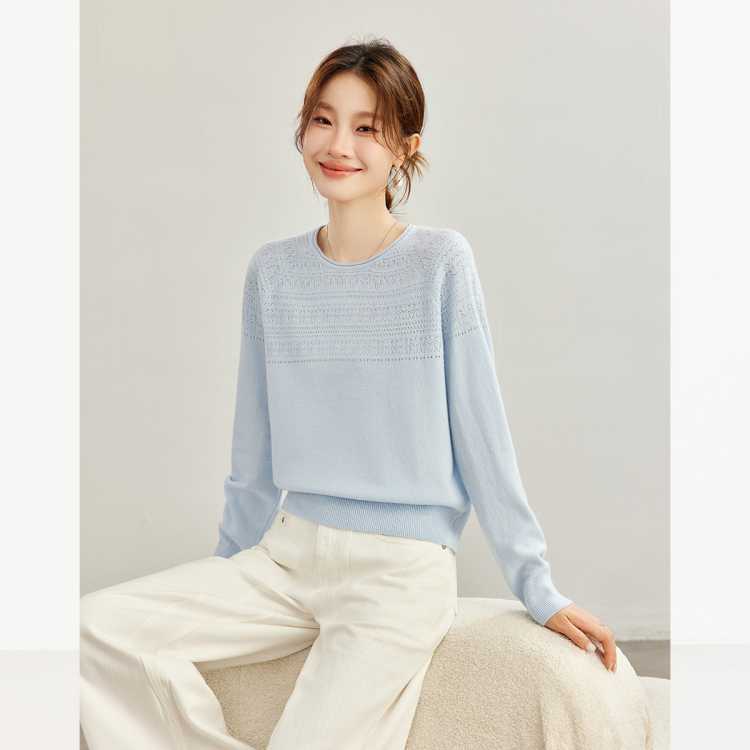 奢汐 100%羊毛衫薄款镂空勾花针织上衣女秋季温柔风亲肤内搭打底衫