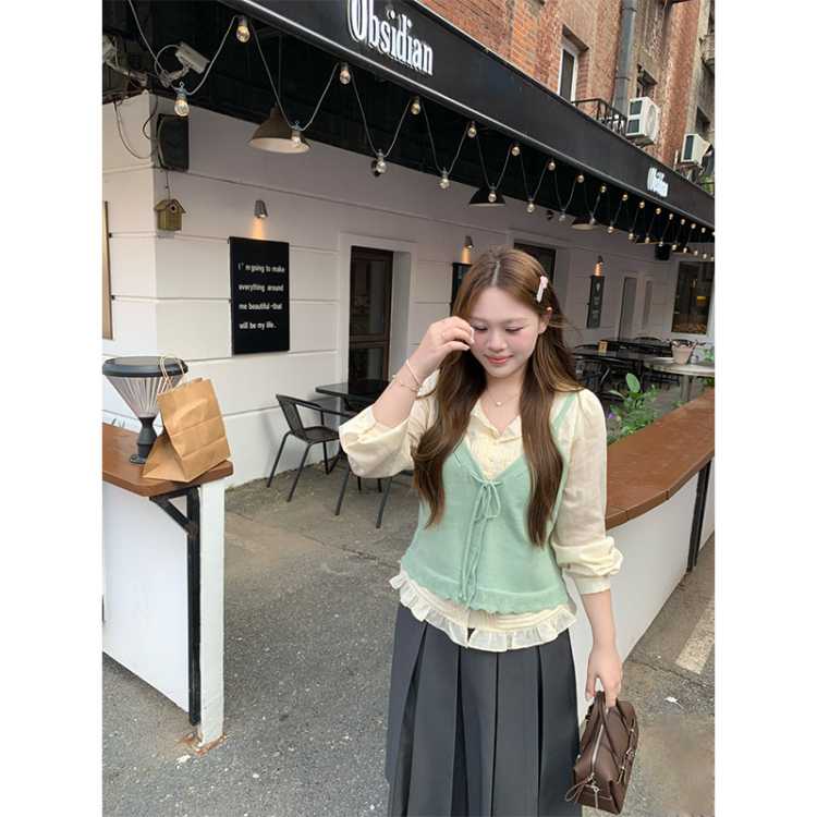 大婉酱 【梅森茉莉】荷叶边长袖条纹小衫26秋新女韩系收腰假两件衬衫