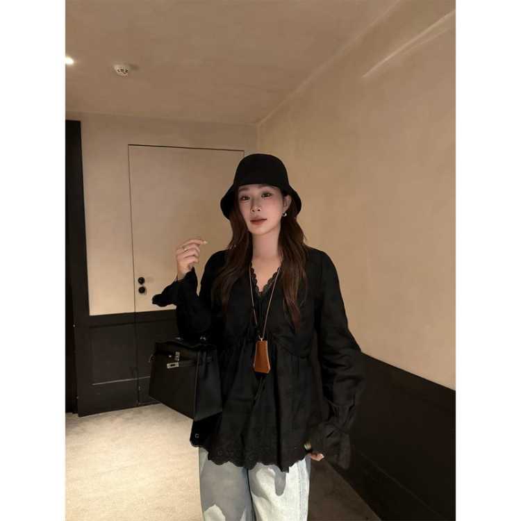 大婉酱 【显瘦蕾丝衫】微胖大码纯棉花边衬衫26秋新女设计感喇叭袖小衫