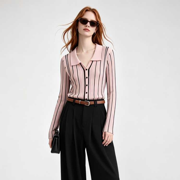 DKNY 【含绵羊毛】唐可娜儿秋季时尚长袖撞色坑条纹毛织开衫女式毛衣女