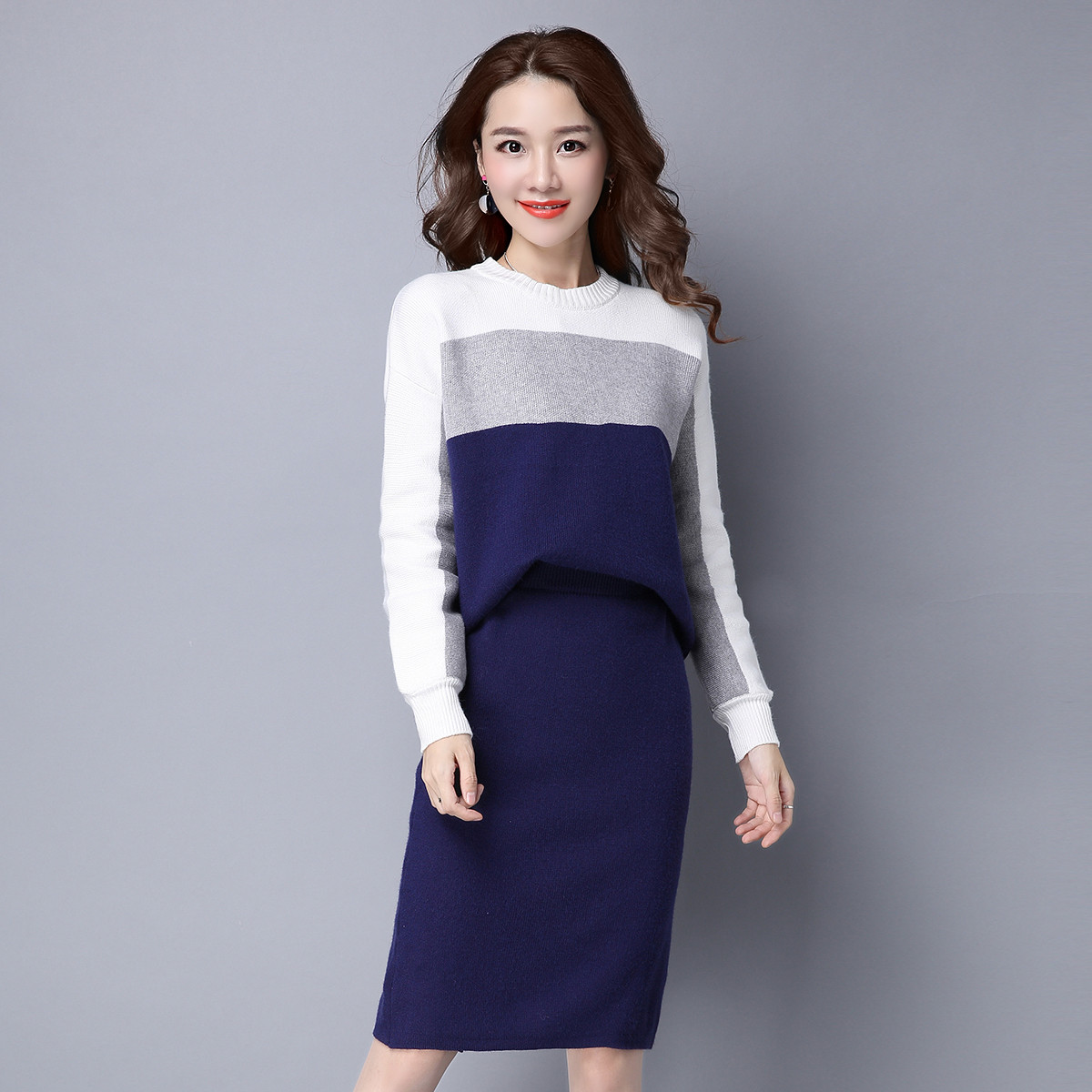 【高档包芯纱 纯手工套口】时尚撞色拼接女款针织套装包臀裙套装