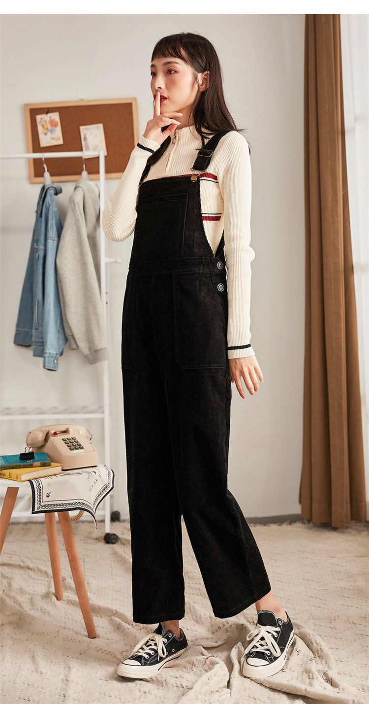 唐狮tonlion 女休闲灯芯绒背带裤 黑色 l