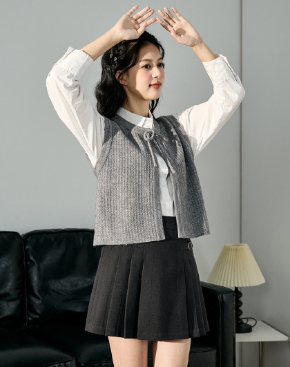 2024秋冬女圆领绑绳毛线衫马甲净色简约时尚百搭上衣