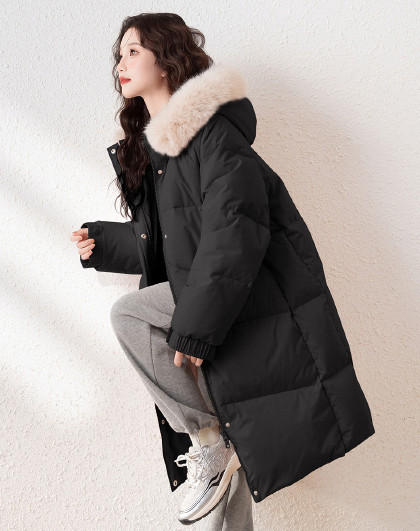 2024冬季女毛领连帽长款羽绒服简约气质温柔保暖百搭休闲韩版