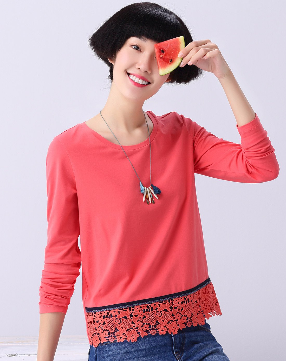 圆领拼接长袖针织t恤西瓜红