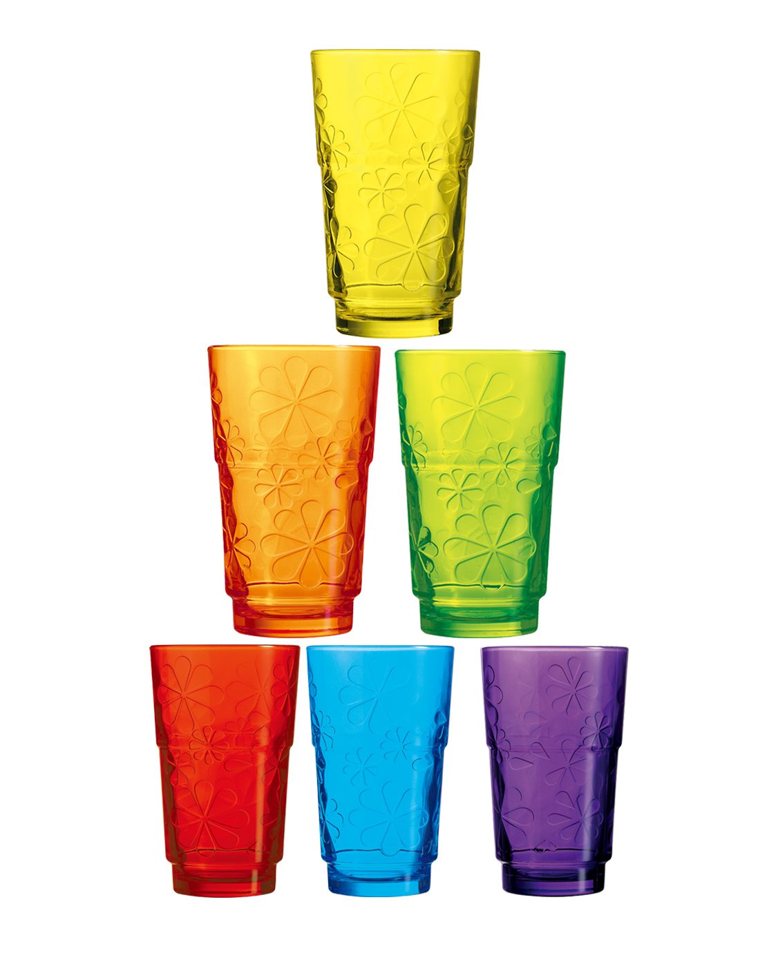 法国进口 优质玻璃 可叠浮雕玻璃彩色水杯 270ml 6只装