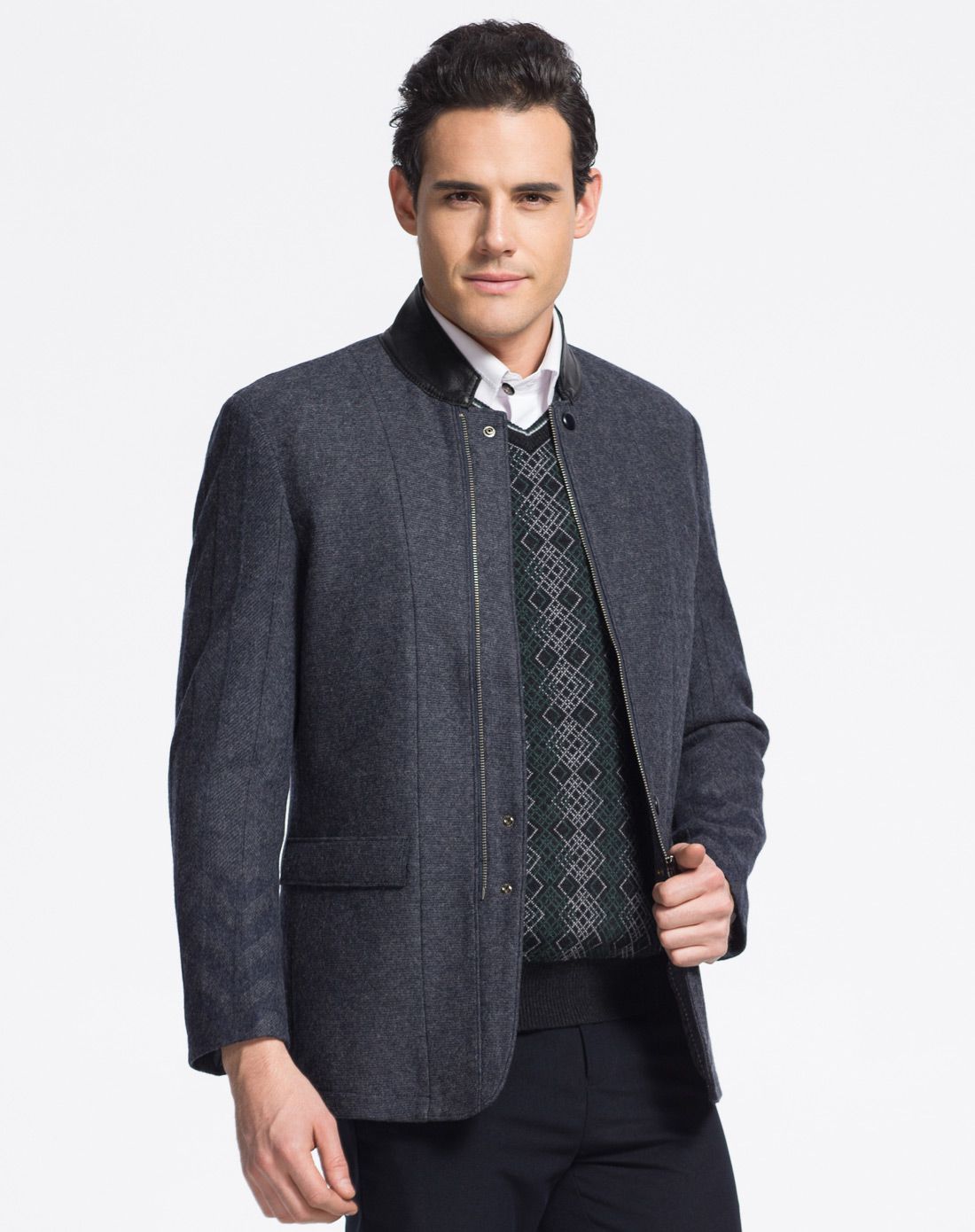 卡丹狄诺cardeendino时尚立领嵌皮休闲服蓝色can14527_唯品会