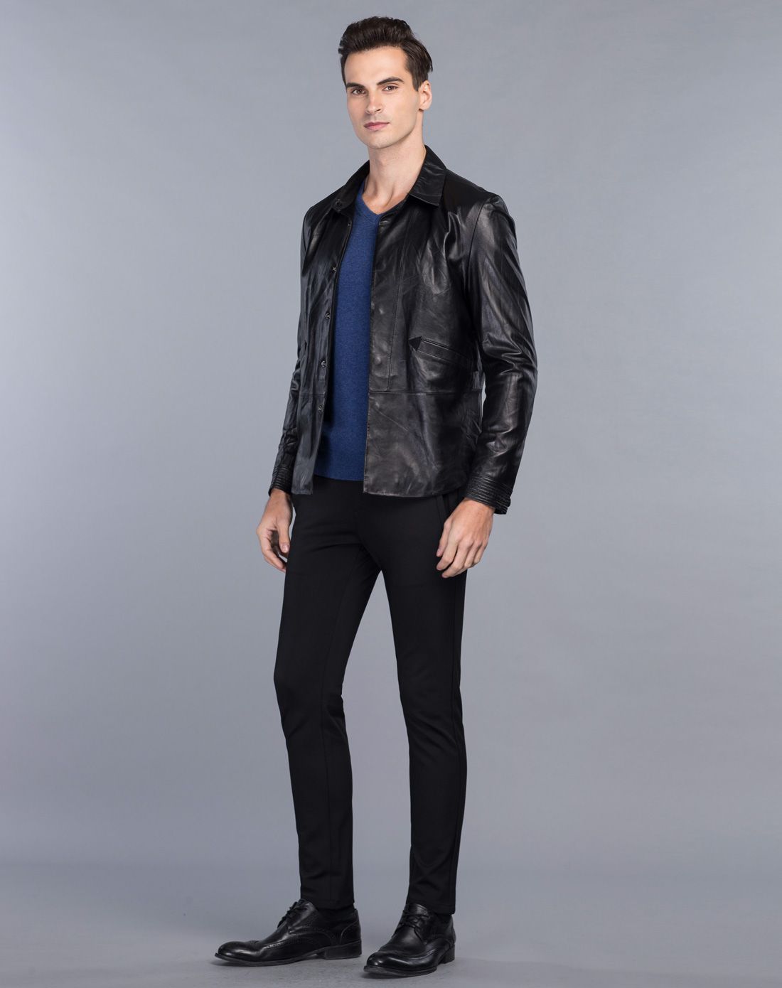 卡丹狄诺cardeendino简约时尚小翻领皮衣黑色chlv93031u399_唯品会