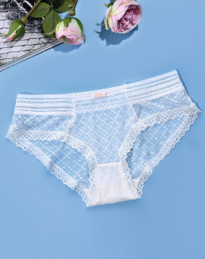 格子花纹蕾丝花边速干网纱性感中腰三角裤女式内裤