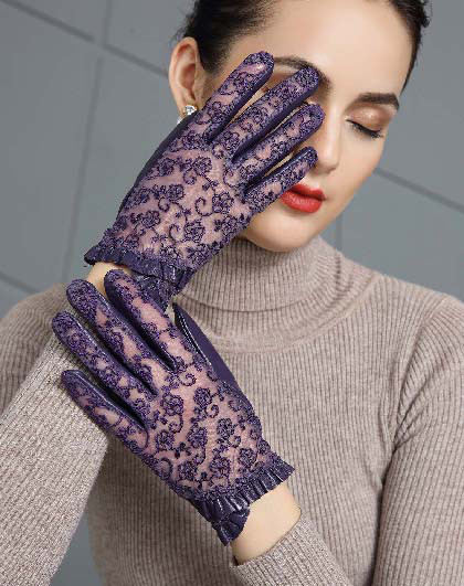 女式触屏绵羊皮配蕾丝时尚手套
