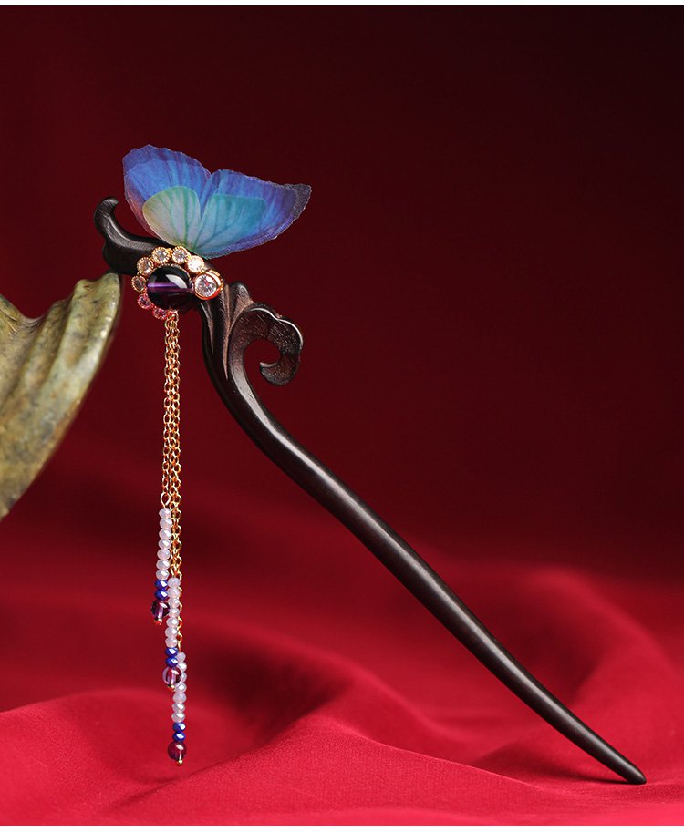 原创设计拥蝶颂歌黑檀木流苏步摇汉服民族风女士发簪