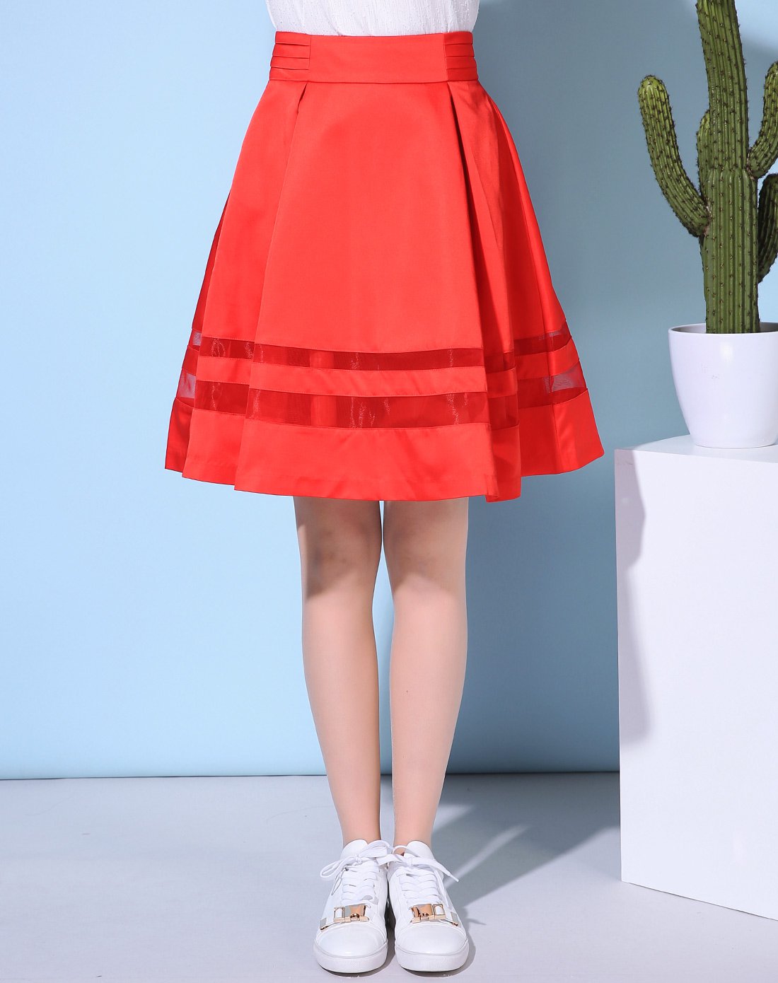 甜美淑女a裙百搭半身裙石榴红