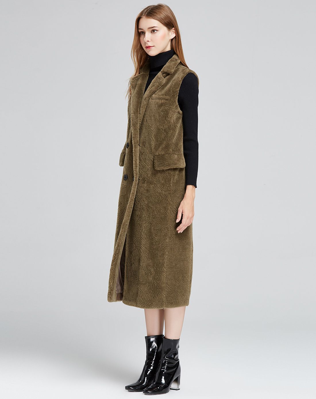 芭欧bool皮草专场女款橄榄绿羊毛休闲长款马甲bl16014428_唯品会