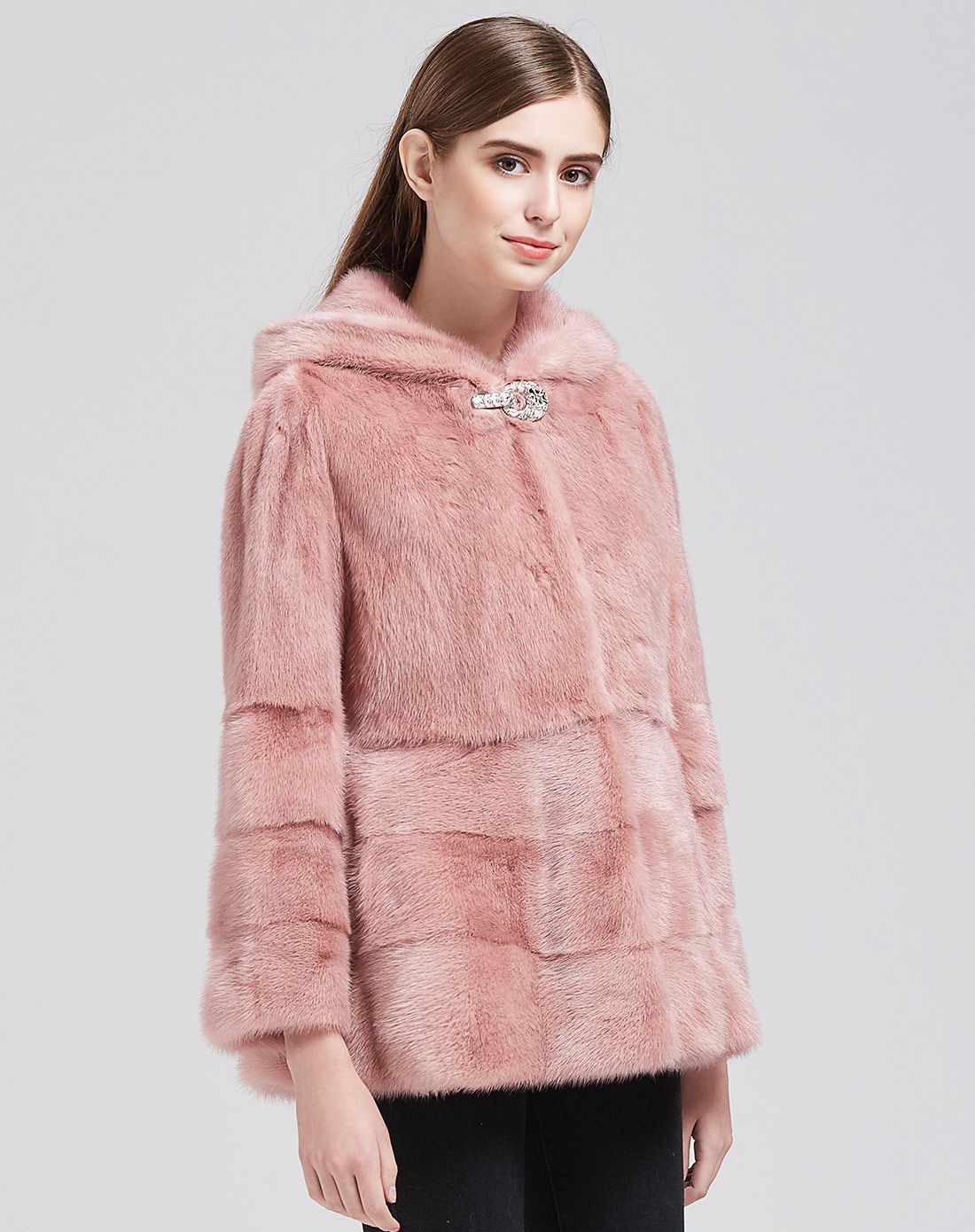 芭欧bool皮草专场女款土粉色连帽气质水貂bl16035415_唯品会