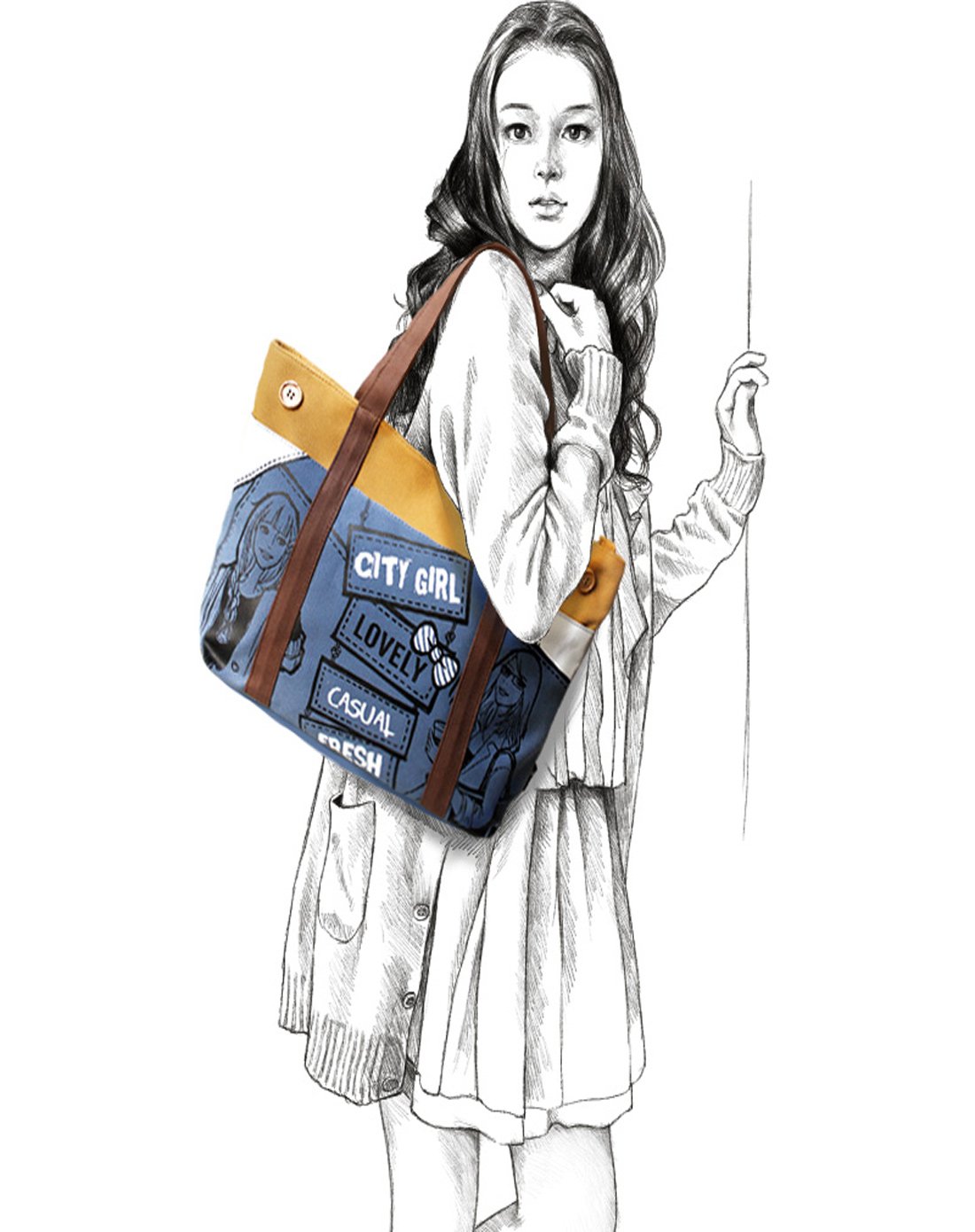 花间公主 city girl单肩包手提包帆布休闲插画文艺原创女包