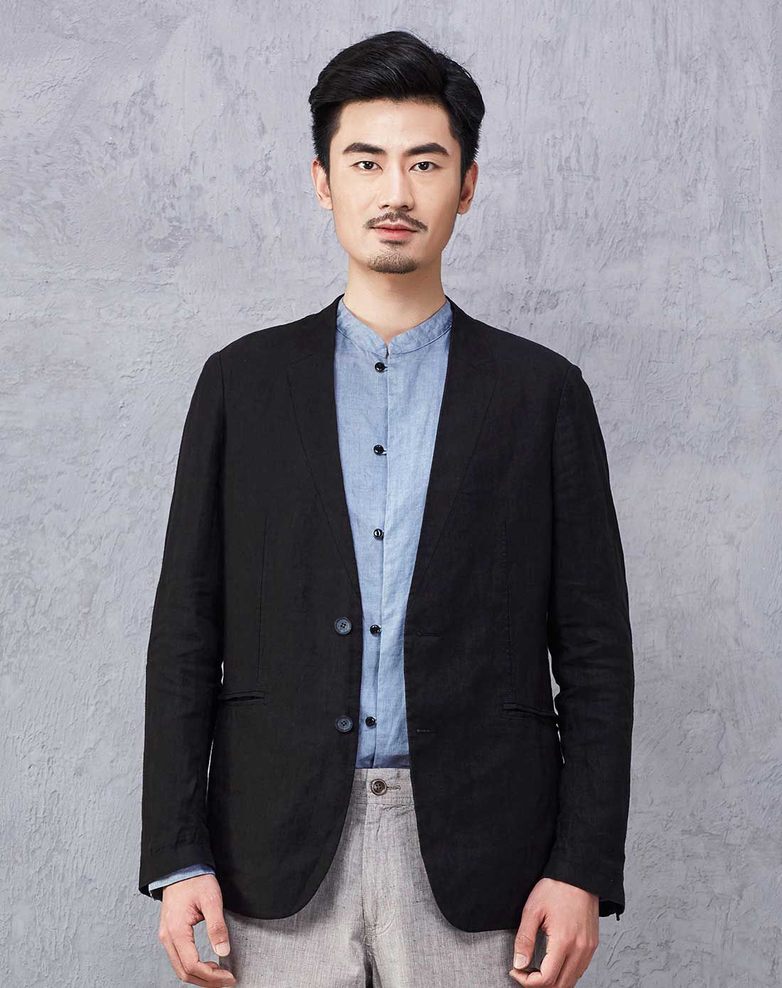 hanp/汉麻世家男中长款亚麻便西长袖西服斜下摆商务休闲黑色春季