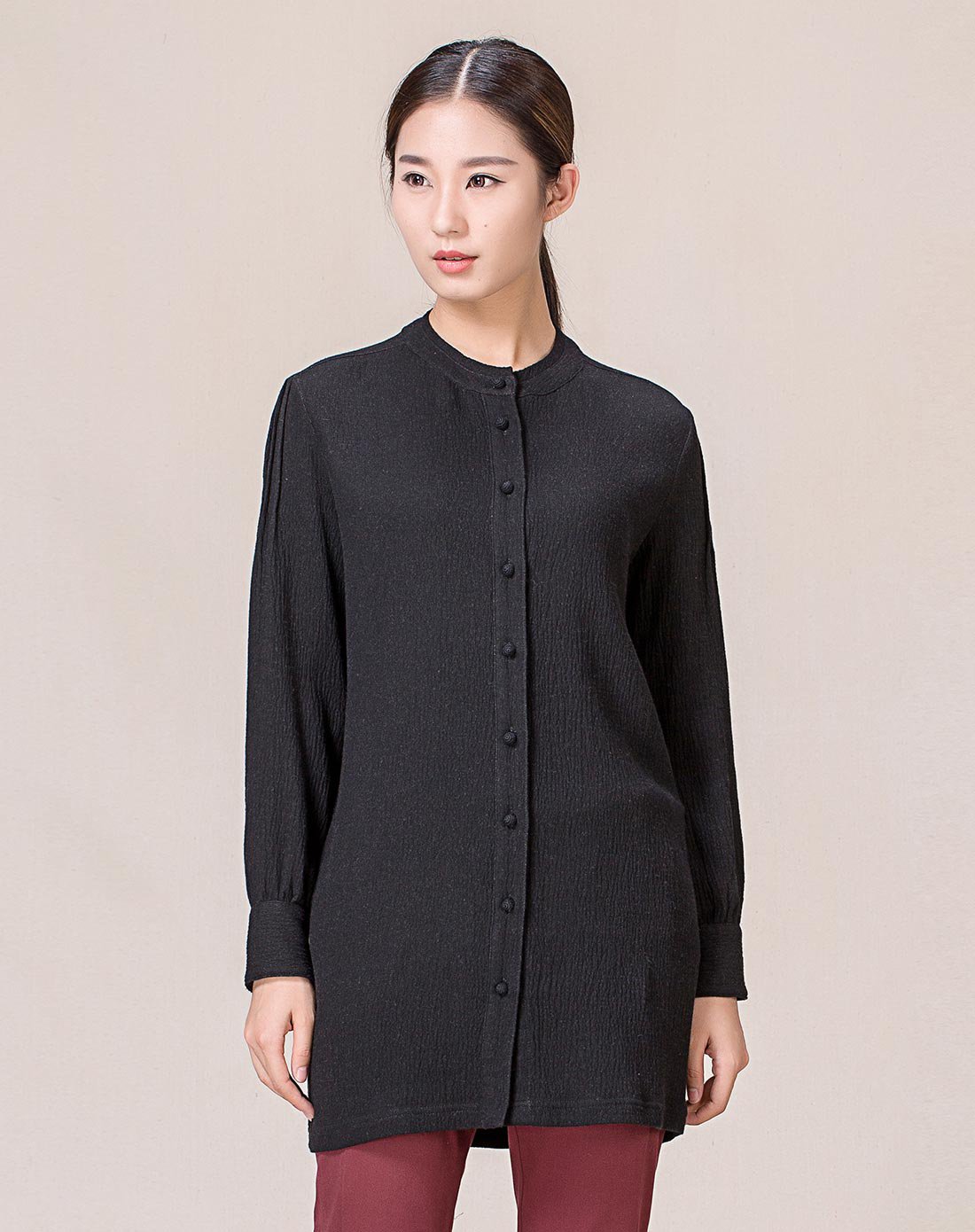 hanp/汉麻世家黑色衬衫中长款衬衫女长袖圆领衬衣