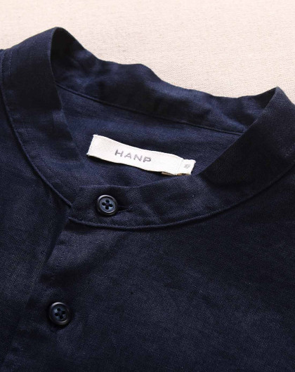 hanp/汉麻世家休闲衬衫男短袖亚麻男衬衣纯色寸衫藏青色休闲上衣